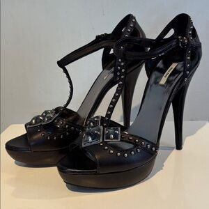 Miu Miu Prada Nappa Washed Jeweled T-Strap Platform Sandals Peep Toe Pumps 39.5